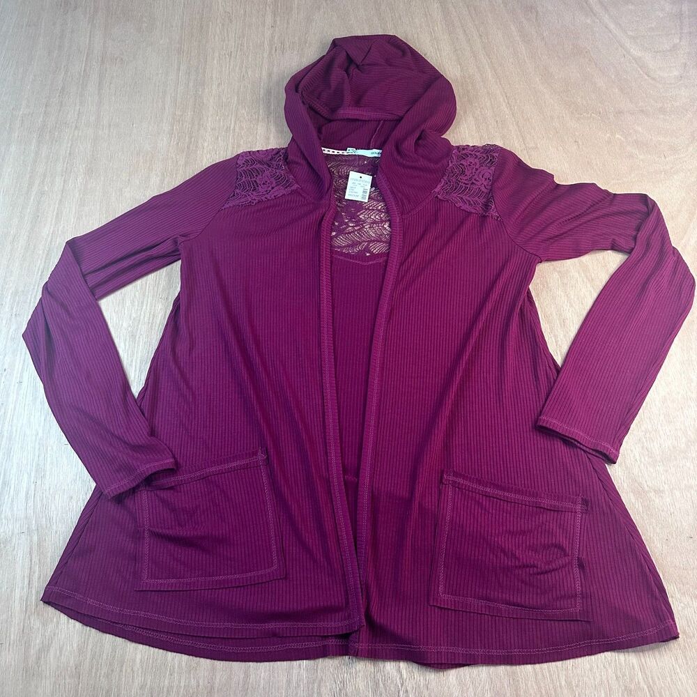 Maurices Burgundy Lace Hooded Cardigan Women's Medium Long Sleeve Open Front
